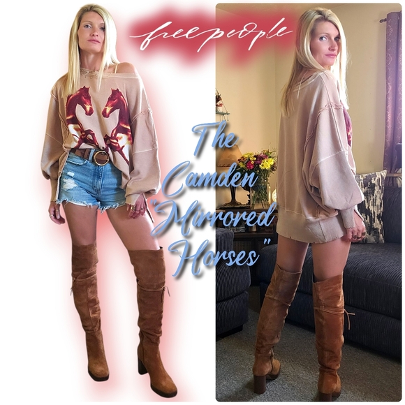NWOT Free People Graphic Camden Pullover Sweatshirt In Mirrored Horses - Picture 1 of 16